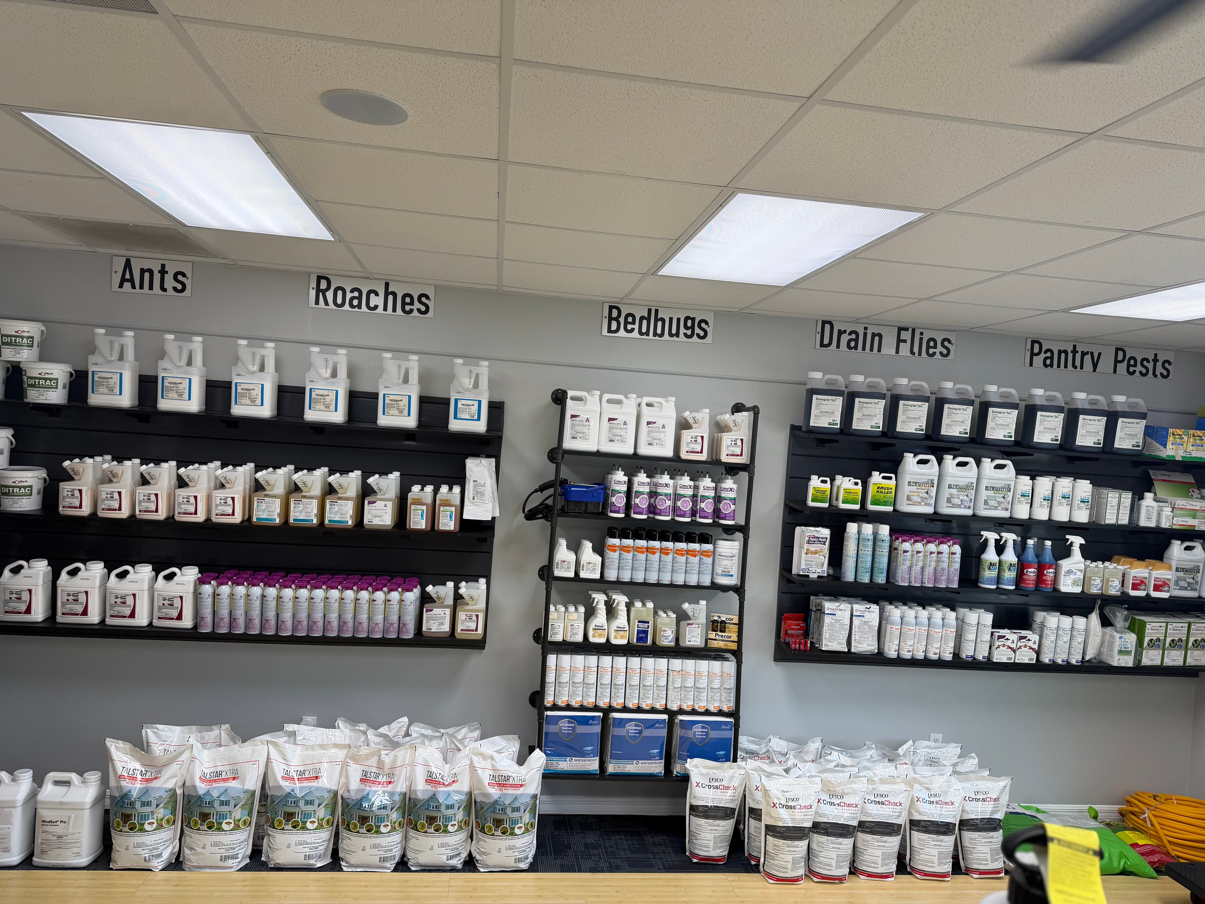 Organized product shelving — ants, roaches, bedbugs, drain flies, pantry pests