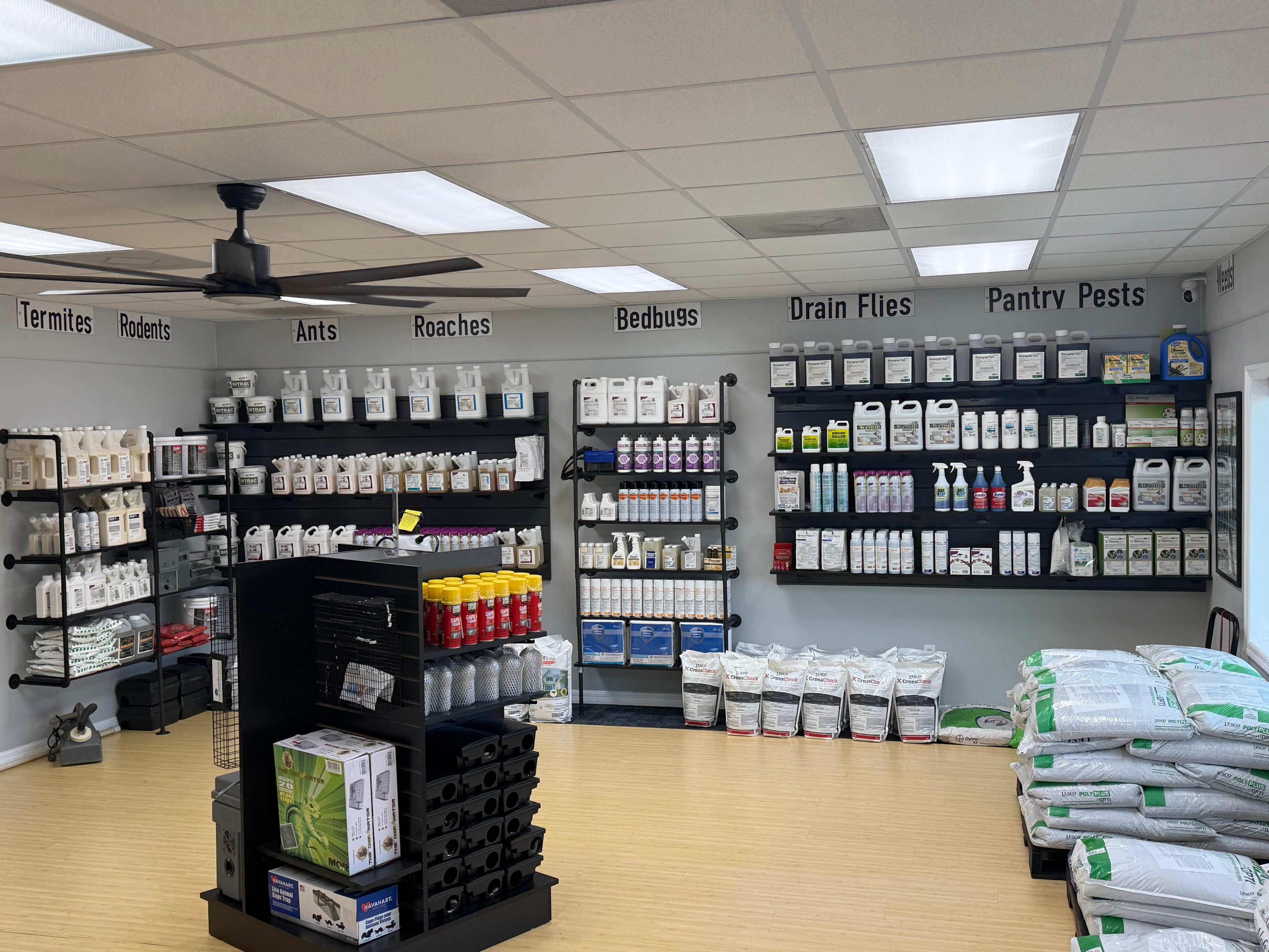 Inside Hometowne Pest Control Supplies — full store interior view